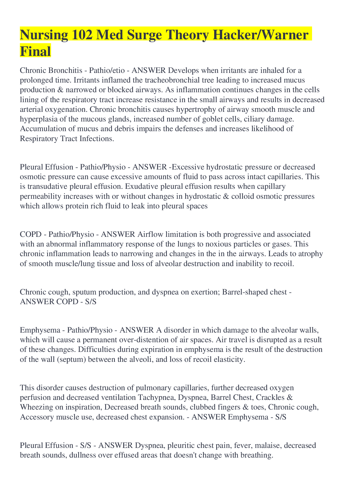 Preview image of Nursing 102 Med Surge Theory Hacker/Warner Final document